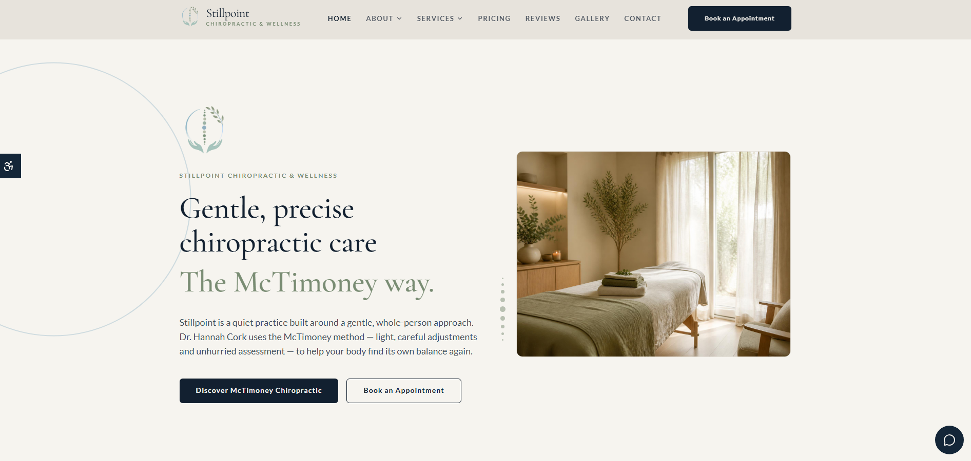 Homepage of a wellness practice website
