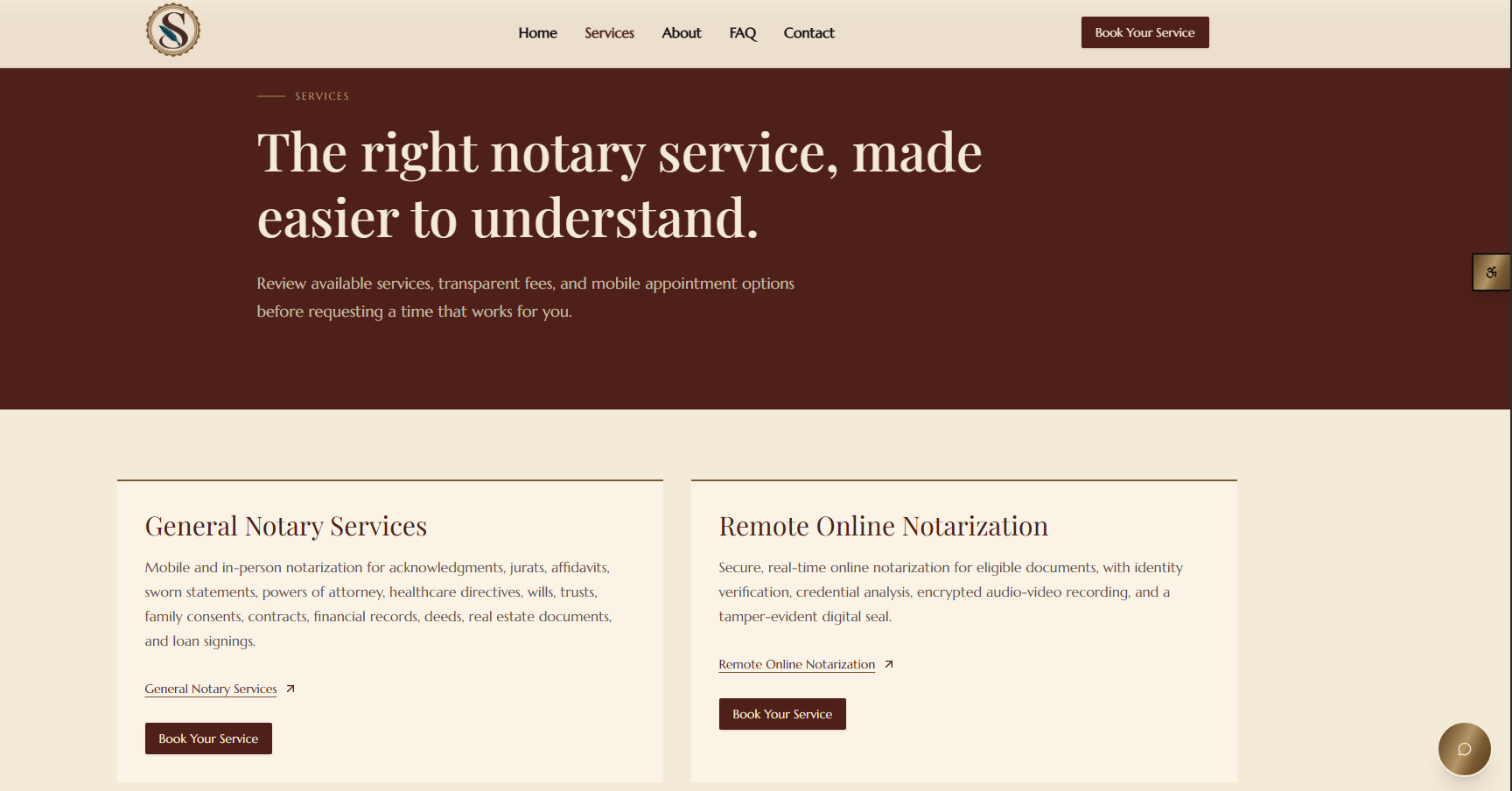 Services page of a notary services website