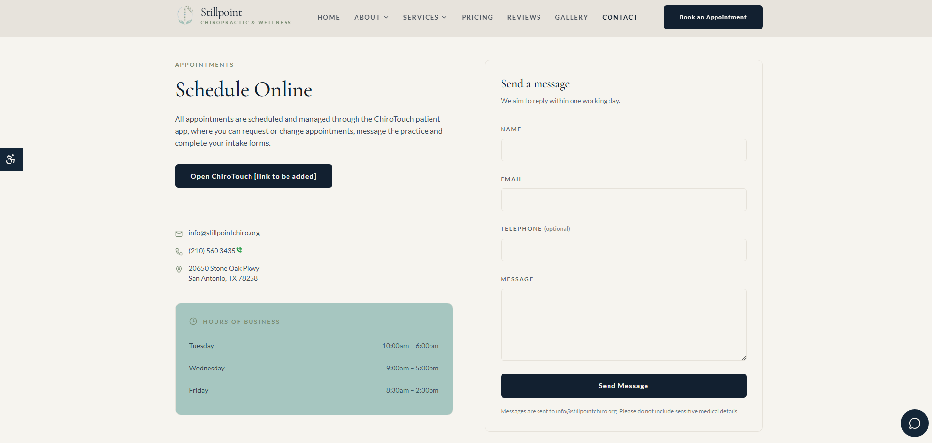 Appointment and contact page of a wellness practice website