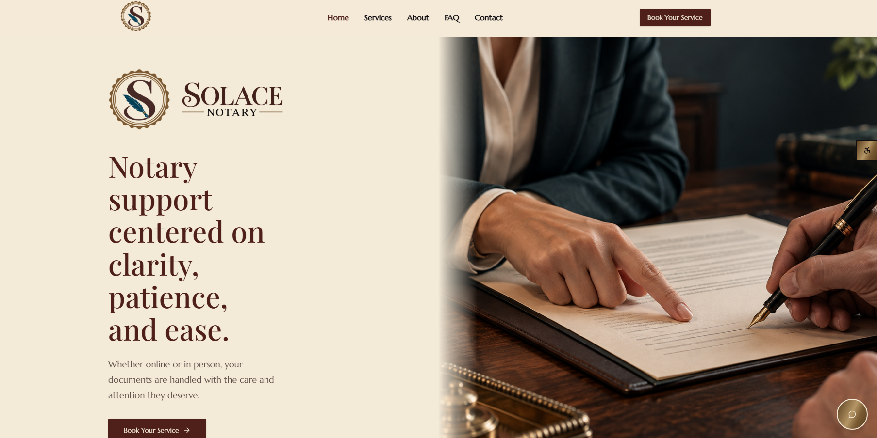Homepage of a notary services website with booking call to action