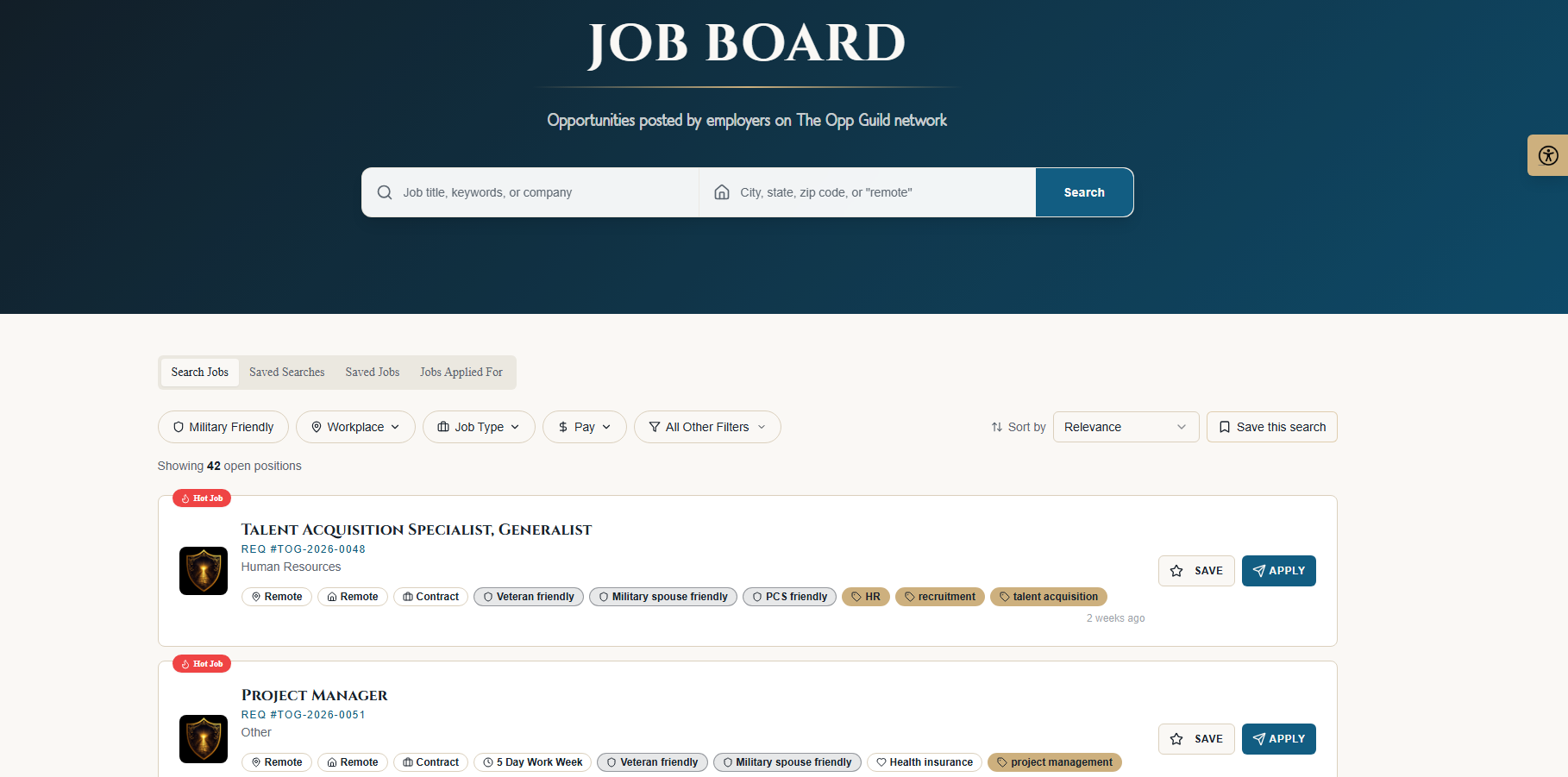 Searchable job board page