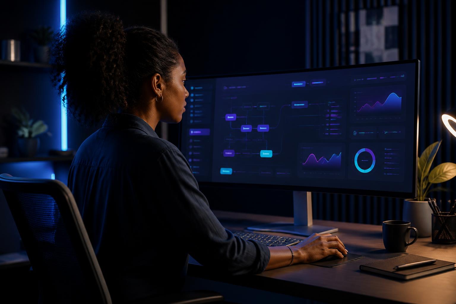 A digital systems designer working with connected workflows on a large screen