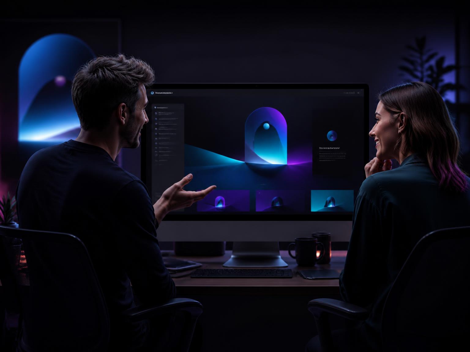 A business owner and web designer reviewing a website together