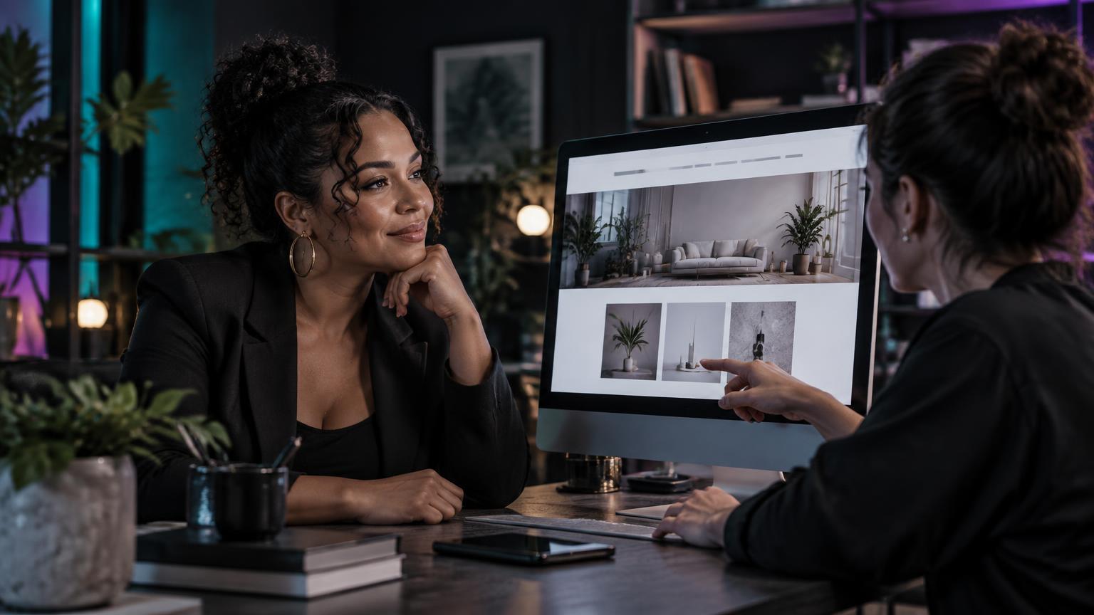 A business owner reviewing her new website with a web designer